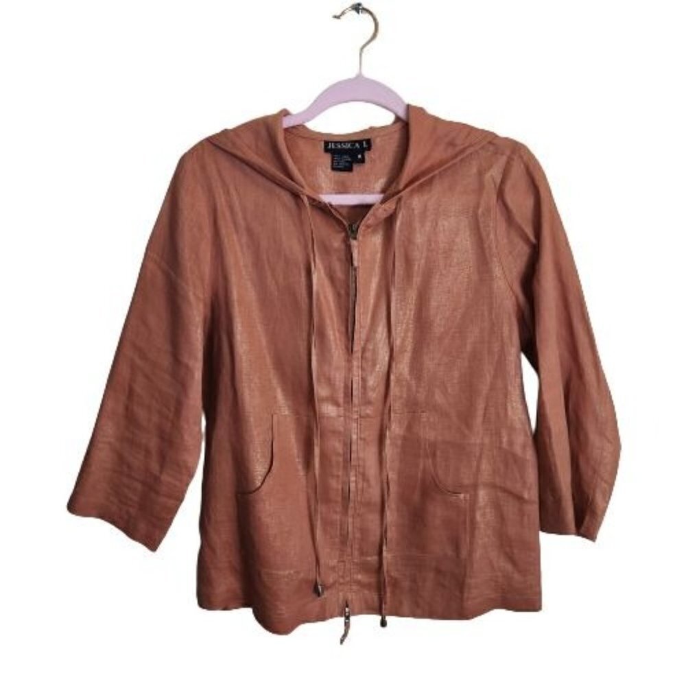 Jessica I Peach Linen Hooded Full Zip Lightweight Jacket Metallic Sheen Size M